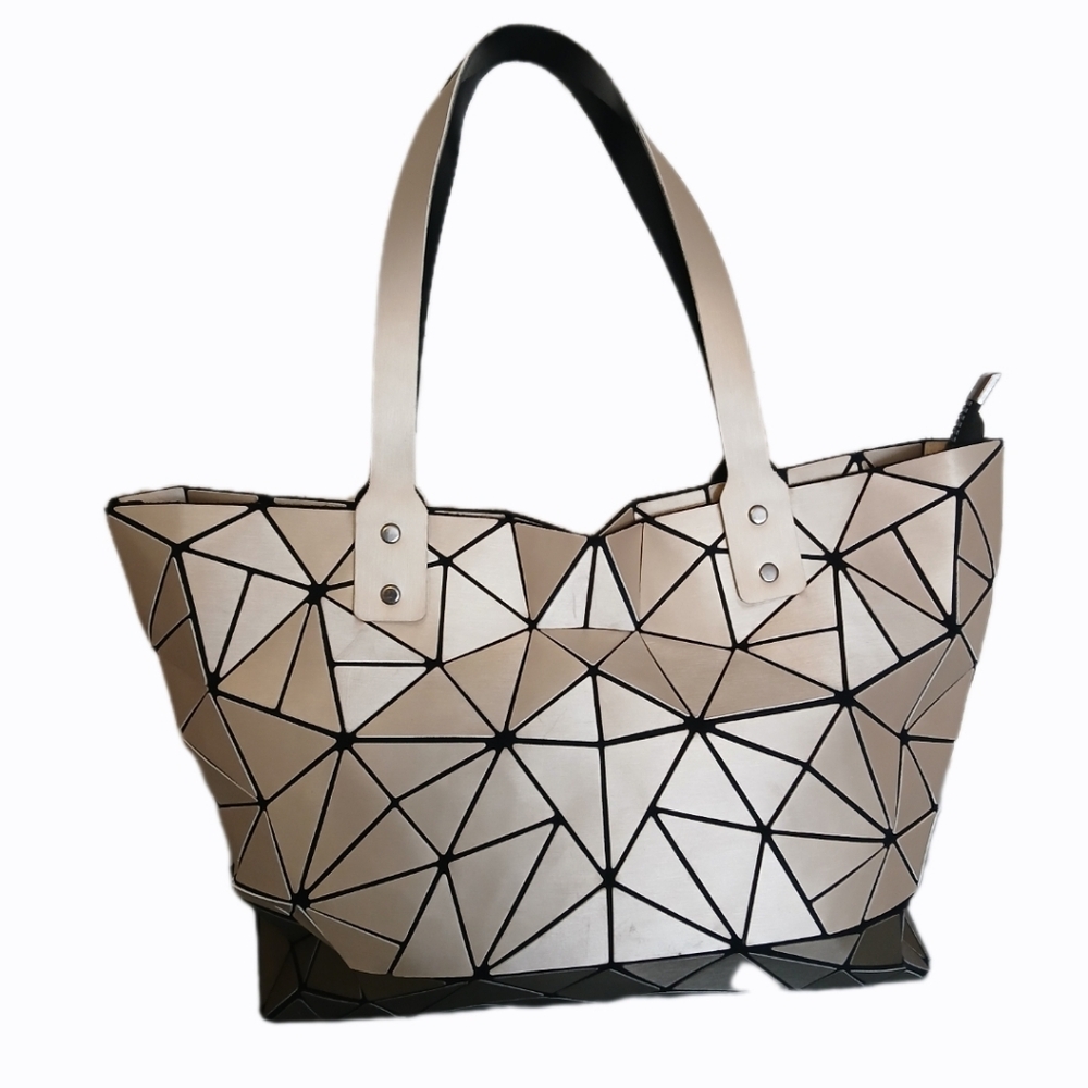 P. Luca Handbag White Gold Vinyl Black Trim Geometric Design Tote Bag Purse